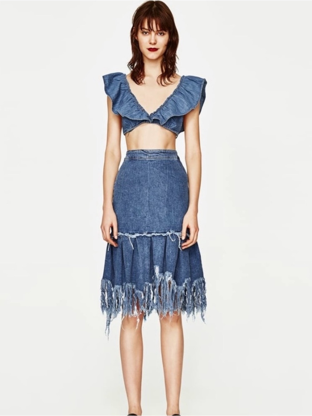 Zara Ruffled Denim Cropped Top xs